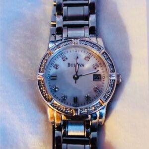 Bulova Women's Classic Diamond Bezel Stainless Steel Mother of Pearl Watch ❣️